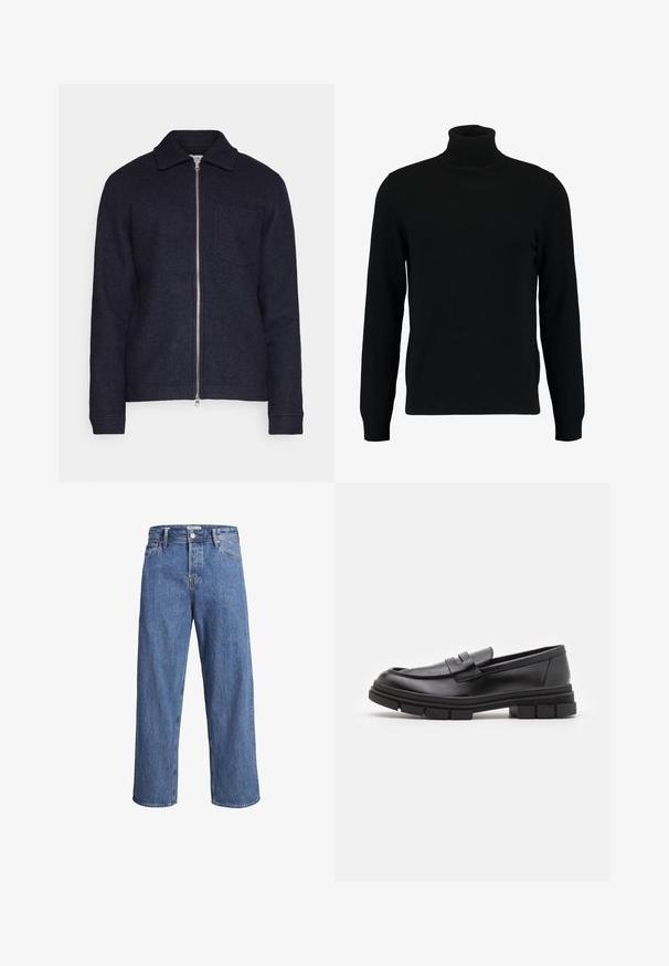 Tummansininen takki, joka on valmistettu teksturoidusta kankaasta ja siinä on edessä vetoketjukiinnitys, kaulus ja vasemmassa rintataskussa. Pitkät hihat, joissa on hihansuut.; Mustat poolokauluspusero, joka on valmistettu pehmeästä neulomateriaalista. Siinä on pitkät hihat, ribbireunus kauluksessa ja helmassa. Yksinkertainen, tyylikäs muotoilu ilman kuvioita.; Vaaleansiniset farkut, joissa on suora lahje, korkea vyötärö ja minimaliset ompeluyksityiskohdat. Kangas on pehmeä ja hieman haalistunut.; Mustat nahkaa olevat loaferit, joissa on sileä pinta, varustettuna edessä olevalla hihnalla ja paksulla kumipohjalla, jossa on uritettua muotoilua.