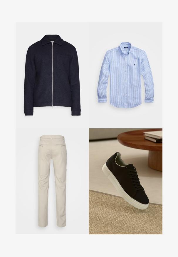 Temno morsko modra jakna iz teksturirane tkanine, z zapiranjem na zadrgo spredaj, ovratnikom in žepom na levi strani prsnega dela. Dolgi rokavi z manšetami.; Modra in bela prugasta srajca z dolgimi rokavi iz bombaža, s kragnico na gumb, sprednjimi gumbi in majhnim izvezenim logotipom na prsih.; Bež hlače z gladko teksturo, ravnega kroja, dvema zadnjima žepoma z gumbi in standardnim pasom.; Črni športni copat z belim podplatom lebdi nad bež teksturiranim preprogam blizu okroglega lesenega mize z zloženimi knjigami.