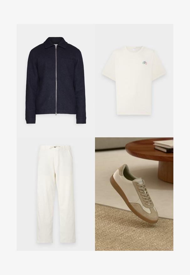 Tumedast meresinise värvi jope, mis on valmistatud tekstuursest kangast, esipoolse lukuga, krae ja vasaku rinna taskuga. Pikkade varrukatega, mansettidega.; Kreemi värvi puuvillane T-särk lühikeste käistega, millel on vasakul rinnal väike mitmevärviline jalgratta graafika.; Heledad beežid linasest püksid, sirge lõikega, reguleeritava nööri vöökoht ja kaks küljetaskut. Sujuv tekstuur ja minimaalne disain.; Kerge jooksutoss, millel on valgest nahast ülemine osa beezide seemisnahkdetailide ja ümmarguse varbaga, ning tekstureeritud pruun kummitald.