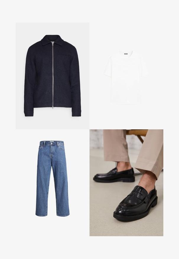 Tmavě námořnická bunda vyrobená z texturované tkaniny, s předním zipovým uzávěrem, límečkem a kapsou na levé straně hrudi. Dlouhé rukávy se manžetami.; Bílá bavlněná tričko s krátkými rukávy, kulatým výstřihem a rovný střih. Hladká textura bez viditelných vzorů nebo akcentů.; Světle modré džíny z denimu s rovnými nohavicemi, vysokým pasem a minimem švů. Látka má jemnou, lehce vybledlou strukturu.; Černé kožené loafers s hladkým povrchem, zdobené páskem a kontrastním prošíváním, spárované s béžovými kalhotami.