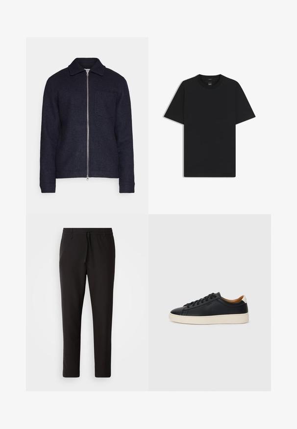 Giacca blu navy scura realizzata in tessuto strutturato, con chiusura frontale a zip, colletto e taschino sul lato sinistro del petto. Maniche lunghe con polsini.; Maglietta nera a maniche corte realizzata in un morbido misto cotone, con scollatura a girocollo e un design minimalista senza motivi o dettagli.; Pantaloni jogger neri realizzati in tessuto liscio. Presentano una vita elasticizzata con stringa, gambe affusolate e senza tasche visibili. Design semplice.; Sneakers in pelle nera con una texture liscia, suola in gomma beige, design con lacci e un accento del tacco in contrasto.