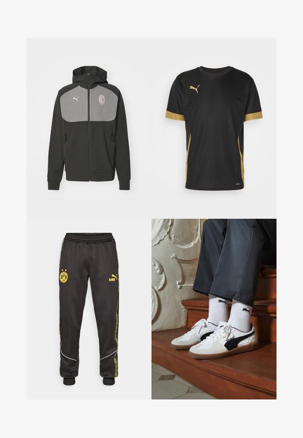 Puma AC MILAN PUMATECH TRACK JACKET - Equipación de clubes - black/flat medium gray; Camiseta deportiva negra con acentos dorados en las mangas y los laterales. Presenta un cuello redondo, mangas cortas y tejido DRYCELL que absorbe la humedad.; Pantalones deportivos negros con los logotipos amarillos de Borussia Dortmund BVB 09 y Puma King, banda elástica en la cintura y rayas laterales amarillas con un diseño.; Zapatillas Puma en gamuza blanca y negra, con una suela de goma marrón. Combinadas con calcetines blancos que muestran un logo negro, llevados con pantalones oscuros.