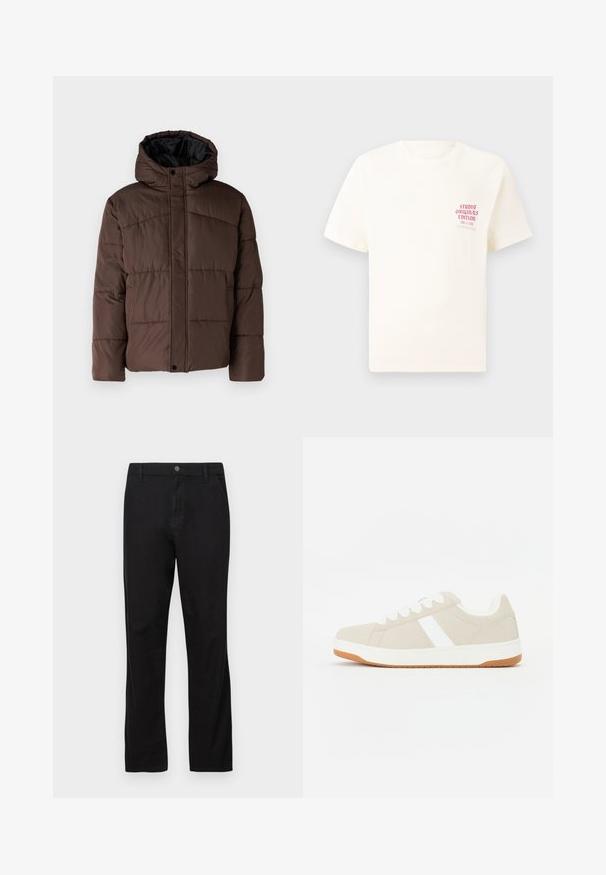 Braune gepolsterte Jacke mit Kapuze, mit gestepptem Muster, vorderem Druckknopfverschluss und seitlichen Taschen. Futter aus schwarzem Stoff.; Weißes T-Shirt mit kurzen Ärmeln und rotem Text "Studio Originals Edition" auf der linken Brust, präsentiert vor einem neutralen grauen Hintergrund.; Schwarze Baumwollhose mit geradem Bein, ausgestattet mit einem Knopfverschluss, Vorder- und Gesäßtaschen sowie einer glatten Textur.; Beige Sneaker mit weißen Akzenten, samtiger Textur, runder Form, Schnürdesign und einer kontrastierenden Sohle aus Gummi.