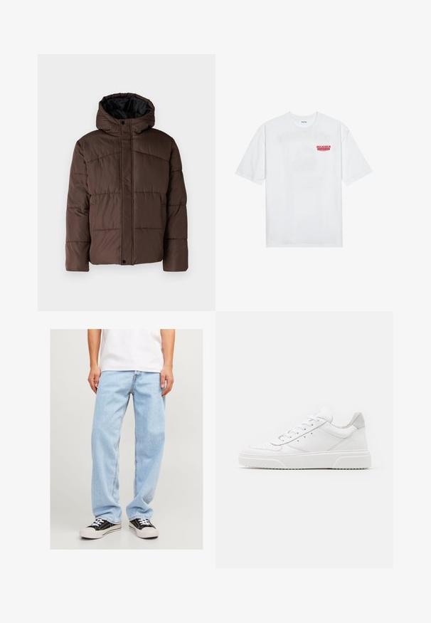 Jachetă căptușită maro cu glugă, cu textură matlasată, închidere frontală cu cleme și buzunare laterale. Căptușită cu material negru.; Tricou alb din bumbac, cu mâneci scurte, guler rotund și un text grafic roșu "FRUCTE DELICIOASE ȘI RACORITOARE" pe față.; Jeans din denim de culoare albastră deschisă, cu o croială lejeră, având un design cu picioare drepte și cusături standard, asortați cu adidași negri.; Adidași din piele albă cu un finisaj neted, vârf rotunjit, șireturi plate și o talpă texturată. Accente din piele întoarsă gri la călcâi.