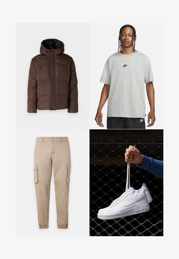Καφέ επενδυμένο μπουφάν με κουκούλα, με κολακευτική υφή, μπροστινό κλείσιμο με κουμπιά και πλαϊνές τσέπες. Επενδεδυμένο με μαύρο ύφασμα.; Νεαρό άτομο με πλεξούδες, ντυμένο με ένα ανοιχτό γκρι T-shirt της Nike και μαύρες σορτς της Nike, μπροστά σε απλό λευκό φόντο.; Μπεζ cargo παντελόνια από ελαφρύ βαμβακερό υλικό. Διαθέτουν ελαστικές μανσέτες, πολλές πλάγιες τσέπες και κλείσιμο με κουμπί.; Λευκά δερμάτινα αθλητικά παπούτσια με διάτρητο σχέδιο, στρογγυλή μύτη, επίπεδη σόλα και χοντρές κορδόνες, με εμφάνιση του λογότυπου swoosh και την ένδειξη "AIR" στη φτέρνα.