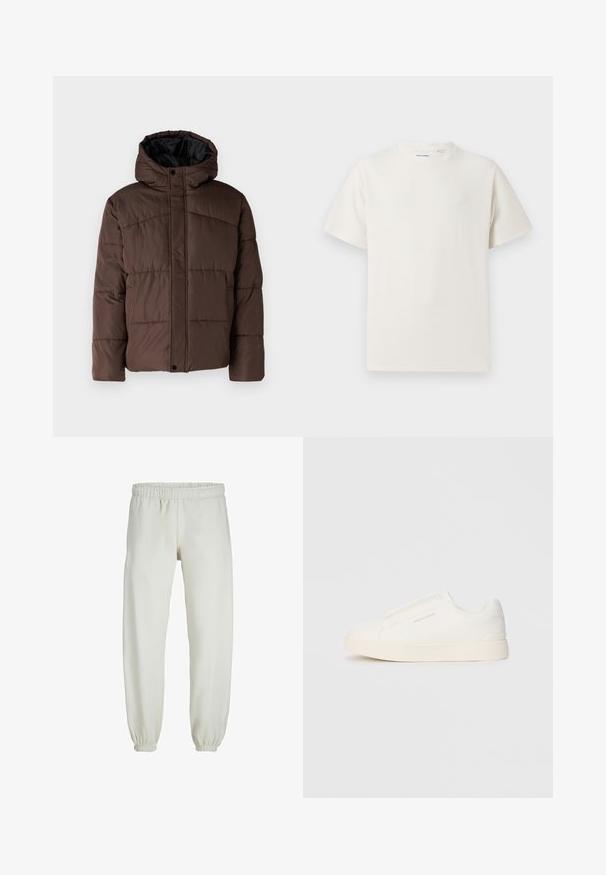 Hnědá péřová bunda s kapucí, s prošívanou texturou, zapínáním na patentky vpředu a bočními kapsami. Podšitá černou látkou.; Bílý krátký rukáv tričko s pružnou strukturou. Kulatý výstřih, volný střih, bez viditelných vzorů nebo detailů. Jednoduchý a univerzální design.; Bílé tepláky vyrobené z měkkého materiálu, s elastickým pasem a manžetami, s hladkou texturou a volným střihem.; Bílé slip-on tenisky s texturovaným povrchem, silnou podešví a minimalistickým designem. Na boku je umístěno logo značky.