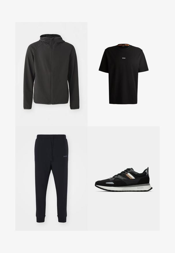 Črna kapuca jakna iz gladkega blaga, s sprednjim zadrgo, raglan rokavi in diskretnim logotipom na prsih.; Črna bombažna majica s krožnim izrezom, kratkimi rokavi in belim logotipom "BOSS" na sredini prsnega dela. Gladka tekstura, sproščen kroj.; Črne trenirke iz mehkega materiala z elastičnim pasom, vrvico in zoženimi nogami. Imajo majhen logotip na strani.; Črne tekaške čevlje z teksturirano površino, svetlo sivi poudarki in tremi vodoravnimi črtami v rjavi barvi. Imajo belo oblazinjeno podplat.