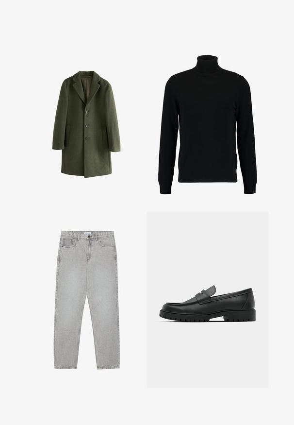 Olivovo zelený kabát z vlnenej zmesi s výstrihom do "V", prednými vreckami a štyrmi gombíkmi. Hladká textura a štruktúrovaná silueta.; Čierny rolák vyrobený z mäkkého pleteného materiálu. Má dlhé rukávy, rebrovaný golier a lem. Jednoduchý, elegantný dizajn bez vzorov.; Svetlošedé denimové nohavice s rovným strihom, piatimi vreckami a zapínaním na gombík. Viditeľné švy pozdĺž švov.; Čierne kožené mokasíny s okrúhlou špičkou, s prešitým dizajnom, nízkou platformou a textúrovanou, zúbkovanou gumovou podrážkou.