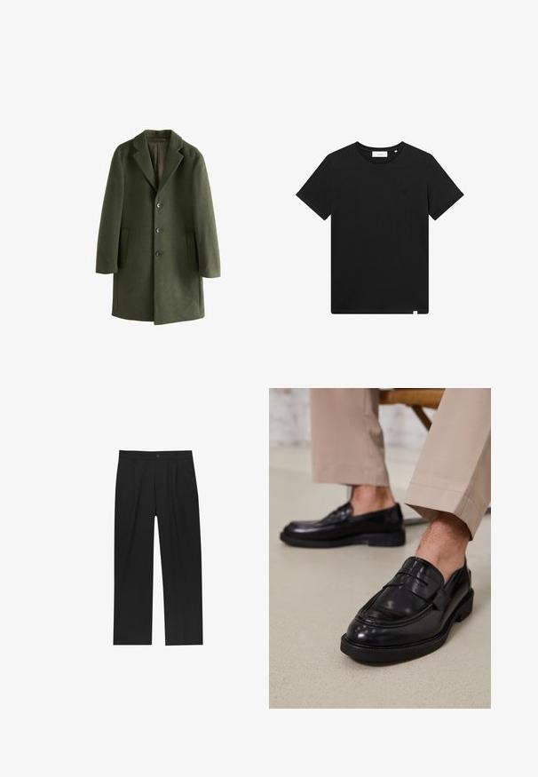 Olijf groene wollen blend jas met een geknipt kraag, voorzakken en vier knopen. Gladde textuur en gestructureerde silhouet.; Zwarte T-shirt met korte mouwen van katoen, met een ronde hals en een klein logo geborduurd op de borst. Soepele textuur, normale pasvorm.; Zwarte broeken met een recht model, gemaakt van een gladde stof. Voorzien van een voorplooien en een enkele knoopsluiting bij de taille.; Zwarte leren loafers met een gladde afwerking, voorzien van een decoratieve band en contrasterende stiksels, gecombineerd met beige broeken.