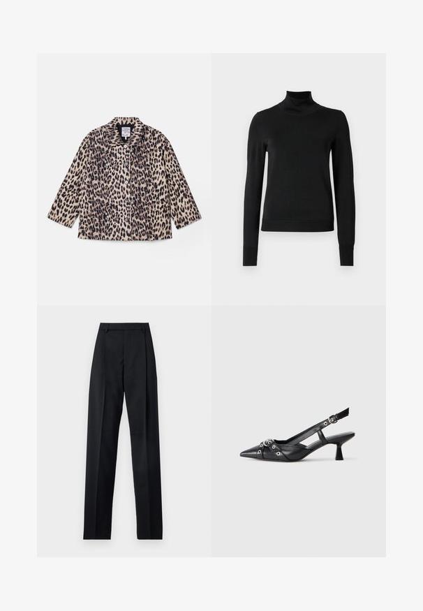Jakna s leopard uzorkom s ovratnikom, dugim rukavima i prednjim gumbima. Izrađena od teksturiranog materijala u nijansama bež i crne.; Crna dugosruga majica s rolijom i rebrastim manžetama i donjim rubom, prikazana na jednostavnoj bijeloj pozadini.; Crne hlače od glatkog materijala s visokim strukom, širokim nogavicama, prednjim pregibima i klasičnim petljama za remen. Nema vidljivih bočnih džepova.; Crne kožne cipele s remenom oko pete, s izduženim vrhom, dekorativnim trakama s metalnim rupama i niskom blok petom. Teksturirana površina.