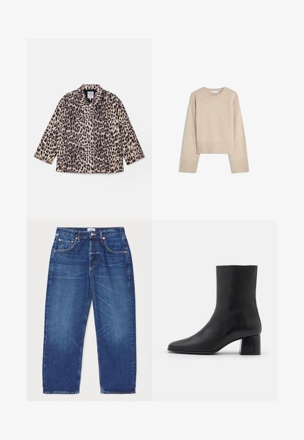 Bunda s leopardím potiskem, s límečkem, dlouhými rukávy a předními knoflíky. Vyrobena z texturované tkaniny v odstínech béžové a černé.; Beige zkrácený svetr vyrobený z měkké pleteniny. Má kulatý výstřih, dlouhé rukávy a žebrované manžety a lem pro větší texturu.; Citizens of Humanity DAHLIA IN CLAREMONT - Džíny Relaxed Fit - dark-blue denim; Černé kožené kotníkové boty s špičatou špičkou a robustním čtvercovým podpatek. Hladká textura s bezšvovým designem a minimalistickým prošíváním.