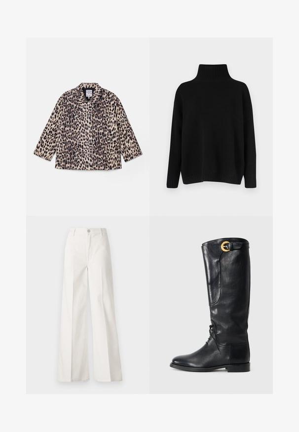 Casaco com padrão de leopardo, com gola, mangas longas e botões frontais. Feito de um tecido texturizado em tons de bege e preto.; Camisola preta de malha com gola alta canelada, ombros caídos e corte solto. Apresenta punhos e bainha canelados para dar textura.; Calças largas brancas feitas de algodão com uma textura suave. Apresenta um botão frontal, fecho de correr e um design de quatro bolsos.; Bota de couro preta até ao joelho com bico arredondado, atacadores à frente, detalhe lateral e uma fivela dourada no topo. Textura suave.