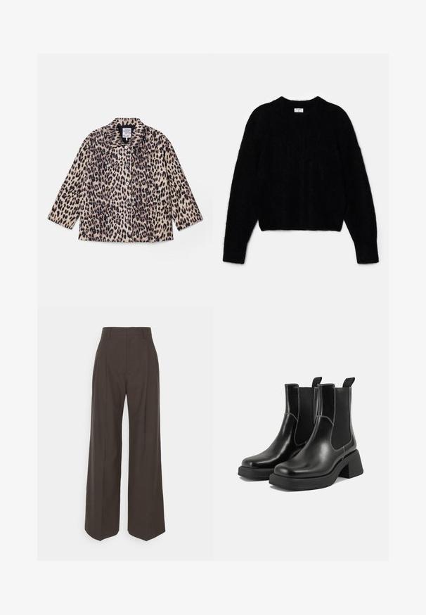 Jacket med leopardmønster, kragehals, lange ermer og frontknapper. Laget av teksturert stoff i nyanser av beige og svart.; Svart cropped genser laget av fluffy materiale. Har rund halslinning og lange ermer med en myk tekstur. Minimalistisk design, uten mønstre.; Mørkebrun vidde bukser med høy midje, utstyrt med pent pressede folder, glatt tekstur og skreddersydd passform.; Sorte lær Chelsea støvler med en kraftig hæl, elastiske sidepaneler og kontrasterende hvid syning. Teksturert overflate.