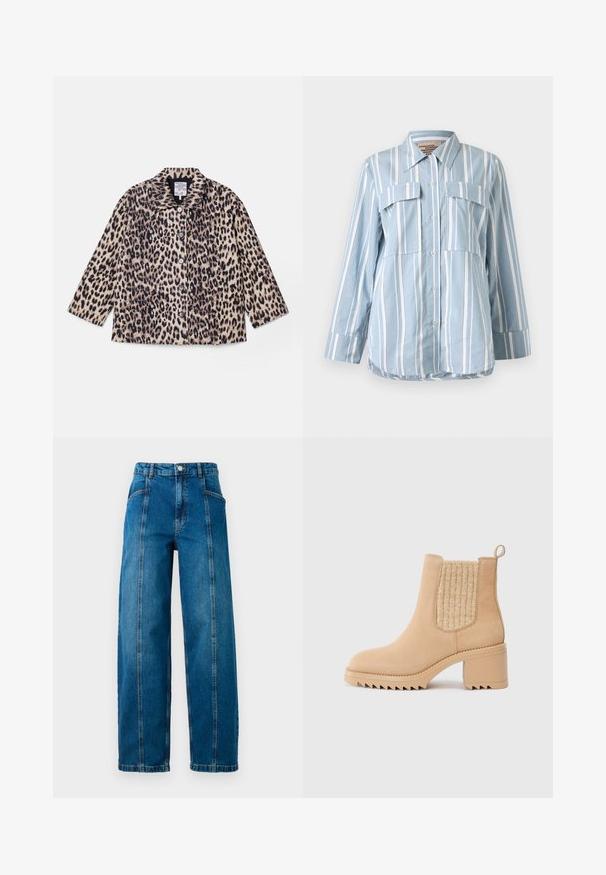 Jakna z leopardjim vzorcem s ovratnikom, dolgimi rokavi in sprednjimi gumbi. Narejena iz strukturoirane tkanine v odtenkih bež in črne.; Svetlo modra srajca z gumbi z belimi navpičnimi črtami, dvema sprednjima žepoma in dolgimi rokavi. Gladko blago in koničast ovratnik.; Visoko pasom modre kavbojke širokih nogavic, s sprednjimi navpičnimi šivi, stranskimi žepi, luknjami za pas in gumbnim zapiranjem.; Bežna gležnjača s teksturiranim pletenim panelom, zaobljenim vrhom i debelim blok petom. Ima rebrast potplat za bolju prionljivost.
