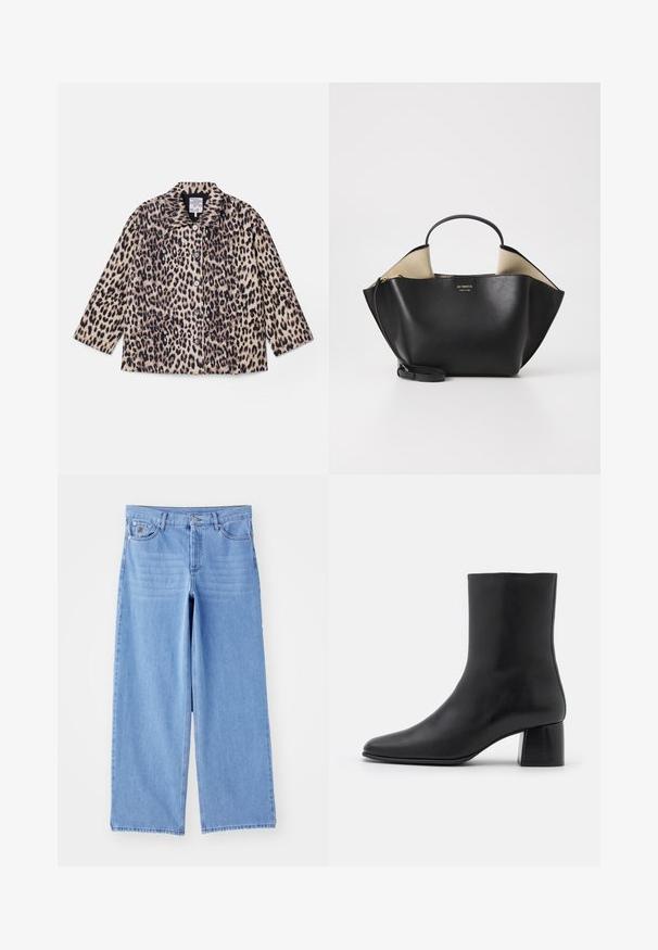 Jasje met luipaardprint, voorzien van een kraag, lange mouwen en knopen aan de voorkant. Gemaakt van een textuurstof in tinten beige en zwart.; Zwarte lange mouw top van zachte stof, met een ronde halslijn en een ontspannen pasvorm met zijsplitten aan de onderkant voor gemak in beweging.; Lichtblauwe wijde jeans van denim, met een klassieke vijf-pocketontwerp en een knoopsluiting. Soepele textuur, rafelige zoom.; Zwarte leren enkelboot met een spitse neus en een chunky vierkante hak. Glad oppervlak met een naadloos ontwerp en minimalistische stiksels.; Ree Projects ANN TOTE MINI - Handtas - black