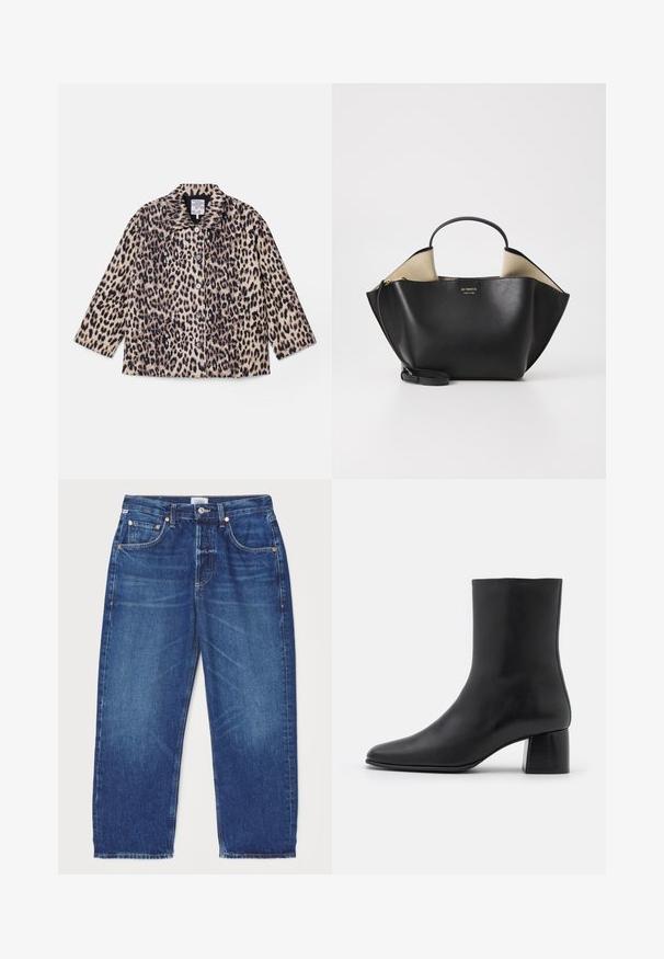 Jachetă cu imprimeu leopard, cu guler, mâneci lungi și nasturi frontal. Fabricată din material texturat în nuanțe de bej și negru.; Top negru cu mânecă lungă, realizat dintr-un material moale, având un gât rotund și o croială relaxată, cu deschideri laterale la tiv pentru un confort sporit în mișcare.; Citizens of Humanity DAHLIA IN CLAREMONT - Blugi loose fit - dark-blue denim; Botine negre din piele, cu vârf ascuțit și toc pătrat masiv. Textură netedă, cu un design fără cusături și cusături minimaliste.; Ree Projects ANN TOTE MINI - Geantă de mână - black