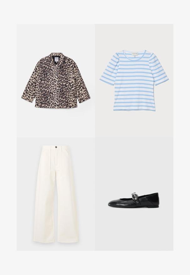 Leopardmönstrad jacka med krage, långa ärmar och framknäppning. Tillverkad av textilerat tyg i nyanser av beige och svart.; Ljusblå randig T-shirt med korta ärmar, rund halsringning, ribbad textur, med växlande tunna vita och blå ränder.; Vida byxor i off-white bomullstyg, med hög midja, två framfickor och en enda knappknäppning fram.; Svarta läderballetskor med spetsig tå, med en rem som har en rund metallspänne och en platt sula.