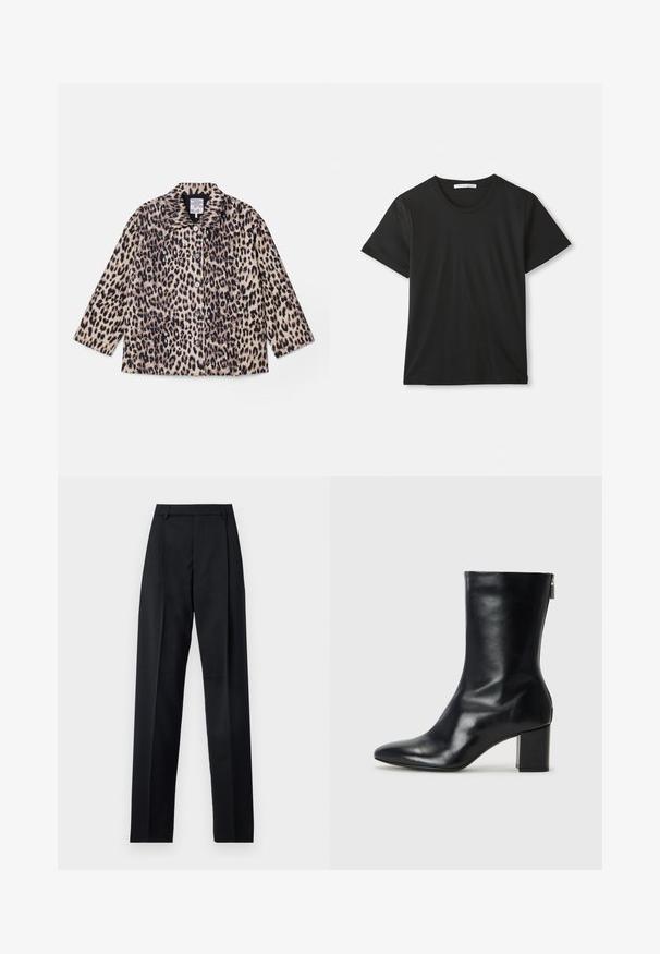 Leopard print jacket with a collared neckline, long sleeves, and front buttons. Made from textured fabric in shades of beige and black.; Black short-sleeve T-shirt with a crew neckline and soft cotton fabric. Simple design with no patterns or logos, offering a classic fit.; Black trousers made from smooth fabric featuring a high waist, wide legs, front pleats, and classic belt loops. No side pockets visible.; Black leather ankle boot with a pointed toe and 4 cm block heel. Sleek design features a side zipper for easy wear. Smooth texture.
