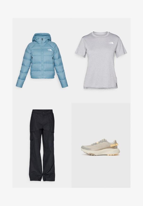 The North Face HYALITE DOWN HOODIE - Tollkabát - algae blue; Szürke, rövid ujjú póló, puha, nedvességet elvezető anyagból készült. Kerek nyakú, és egy kis fehér logó található a bal felső részen.; Columbia BREA FALLS™ COTTON RIPSTOP PANT - Szabadtéri nadrágok - black; Világos bézs futócipő, textúrált hálós felső résszel, szürke részletekkel, tartós gumitalppal és hátsó húzófüllel a könnyű felvételért.