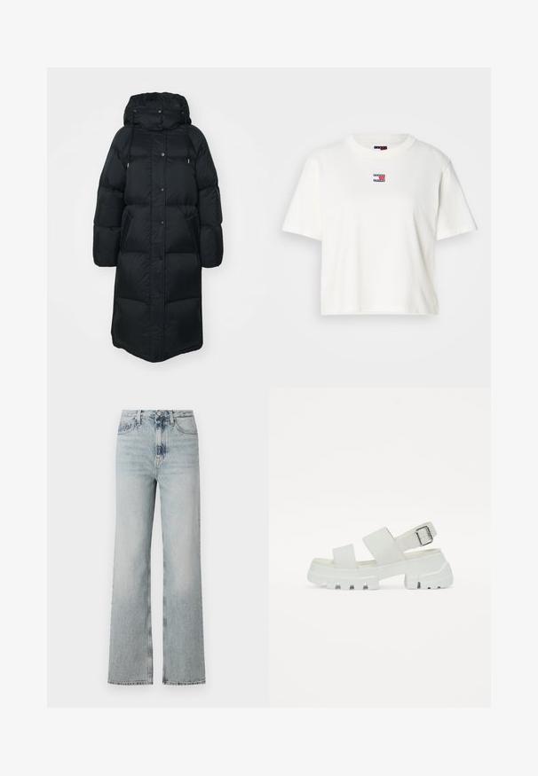 GANT FULL LENGTH COAT - Sulemantel - black; Valge puuvillane T-särk ümmarguse kaelusega ja lühikeste varrukatega. Rinnal on väike värviline logotempel punaste, siniste ja valgete aktsentidega.; Kõrgvöödiline helesinine denim teksapüksid, millel on lai jalgade siluett, viis taskut ja kanga ääres kerge pleekimine.; Valged sandaalid paksu tallaga, millel on kaks laia rihma ja pannal ümber pahkluu. Sile tekstuur, minimalistlik disain.