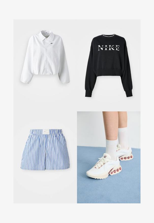Balta īsa jaka ar apkakli, elastīgu jostu un garām puff piedurknēm. Uz kreisās krūtis ir melns Nike logo. Gluda auduma tekstūra.; Sagriezts melns kokvilnas džemperis ar baltu "NIKE" un "SPORTSWEAR" apdruku, ar ribotu piedurkņu un apkakles dizainu.; Zili un baltas svītrainas šortus ar elastīgu jostu un birku, uz kuras ir Nike logo. Izgatavoti no viegla auduma ar gludu tekstūru.; Baltas sporta apavi ar teksturētu augšdaļu, kurus rotā rozā akcenti uz auklām un lieli gaisa burbuļi zole.