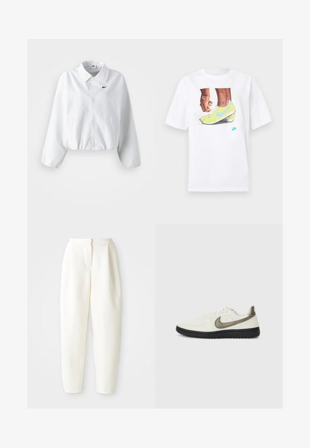 Hvit kort jakke med krage, elastisk midje og lange pufferm. Har en svart Nike-logo på venstre bryst. Glatt stofftekstur.; Hvit bomull t-skjorte med et grafisk motiv av føtter i gule Nike fotballsko med blå detaljer, kombinert med et armbånd på venstre håndledd.; Høytlivede, smale hvite bukser med skjult frontlukking og sidelommer, vist mot en ensfarget hvit bakgrunn.; Nike Sportswear FIELD GENERAL - Joggesko - off-white/black