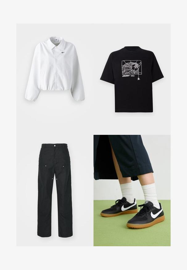 Balta trumpa striukė su apykakle, elastinga juosmens juosta ir ilgomis pūstomis rankovėmis. Kairėje krūtinės pusėje yra juodas Nike logotipas. Sklandaus audinio tekstūra.; Juodas medvilnės marškinėliai su trumpomis rankovėmis. Priekyje yra balta voratinklio grafika ir logotipas. Paprastas apvalus iškarpymas.; Juodos kelnės su tiesiomis kojomis, pagamintos iš tekstūruotos medžiagos. Papuoštos dekoratyviniais sidabro detalėmis ir unikaliu siūlių apdorojimu.; Juodos odinės ir sintetinių medžiagų sportbačiai su balta Nike swoosh, guminis padas, apvalus pirštas ir juodi raišteliai. Matomos banguotos baltos kojinės.