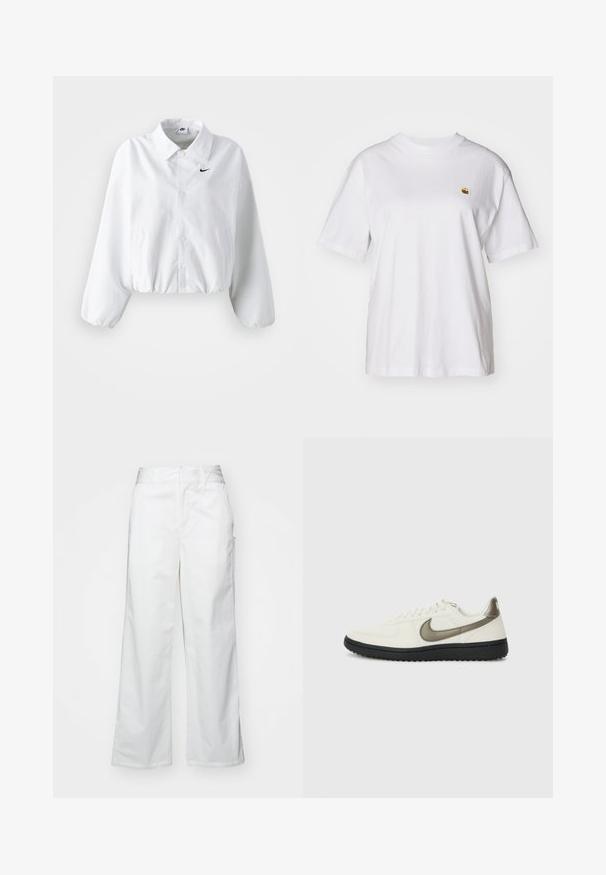 Balta trumpa striukė su apykakle, elastinga juosmens juosta ir ilgomis pūstomis rankovėmis. Kairėje krūtinės pusėje yra juodas Nike logotipas. Sklandaus audinio tekstūra.; Balta medvilnė marškinėliai su laisvu sijonu, trumpomis rankovėmis ir maža siuvinėta logo kairėje krūtinės pusėje.; Balti plačios kojos kelnės, pagamintos iš medvilnės, turinčios lygią tekstūrą, tiesų siluetą, priekinės kišenės ir švarų apvado kraštą.; Nike Sportswear FIELD GENERAL - Sportbačiai - off-white/black