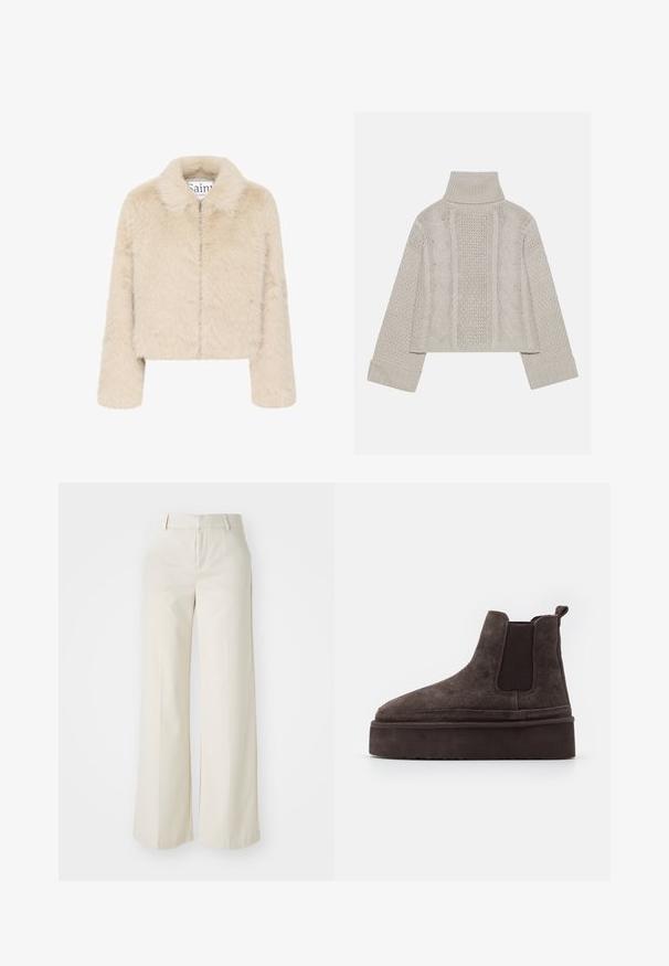 Saint Tropez ZASELINE - Talvejope - creme; Lühendatud, heledast hallist kudumist valmistatud sviiter kõrge kraega ja ribidega mansettidega, millel on tekstuursed nööri mustrid seljal ja külgedel.; Laiad püksid helesbežis värvitoonis, valmistatud siledast kangast. Omavad klassikalist vööd ja siledat fronti puhaste joontega.; Pruunid suede Chelsea saapad elastsete külgpaneelidega ja paksu, tekstureeritud platvormitald. Omab kandmismugavuse jaoks kandaabi kandmisel.