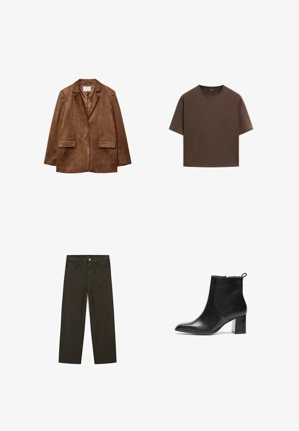 Brown suede blazer with a notched collar, two front pockets, and a double button closure. Smooth texture and tailored fit.; Brown cotton t-shirt, short sleeves, crew neckline, relaxed fit, smooth texture, minimalistic design, no visible patterns or accents.; Dark green wide-leg jeans made of cotton blend, featuring a front button closure, five pockets, and classic denim stitching.; Black leather ankle boot with a rounded toe, a mid-height block heel, and a pull tab at the back. Smooth texture, minimal design.