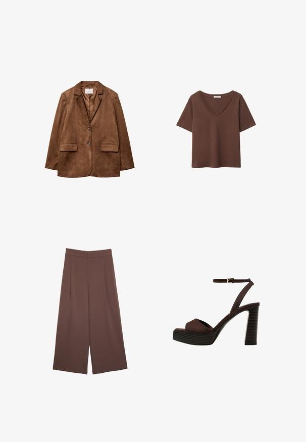 Hnedý semišový blejzer s vydraným golierom, dvoma prednými vreckami a dvojitým zapínaním na gombíky. Hladká textúra a priliehavý strih.; Hnedé bavlnené tričko s krátkymi rukávmi a hlbokým V-výstrihom. Jednoduchý dizajn, jemná textúra a rovný lem. Bez vzorov alebo akcentov.; Hnedé nohavice so širokými nohavicami a hladkou textúrou, s vysokým pásom a prednými skladmi. Tkanina je ľahká a voľne sa pohybuje.; Hnedé semišové sandále na vysokom podpätku s otvorenou špičkou, nastaviteľným členkovým remienkom a pruhovanou platformovou podrážkou.