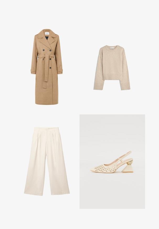 Kameelkleurige wollen jas met een dubbelzijdig ontwerp, grote revers en een strikceintuur. Beschikt over twee voorzakken en donkere knopen.; Beige cropped sweater gemaakt van zacht breimateriaal. Heeft een ronde halslijn, lange mouwen en geribde boorden en onderkant voor extra textuur.; Lange broek met wijde pijpen in een lichtbeige kleur, gemaakt van een zachte, gestructureerde stof. Heeft voorplooien en een elastische tailleband voor een comfortabele pasvorm.; Beige slingback schoen met geperforeerde bovenkant, puntige neus en een contrasterende driehoekige hak met een gouden accent. Over het algemeen een gladde textuur.