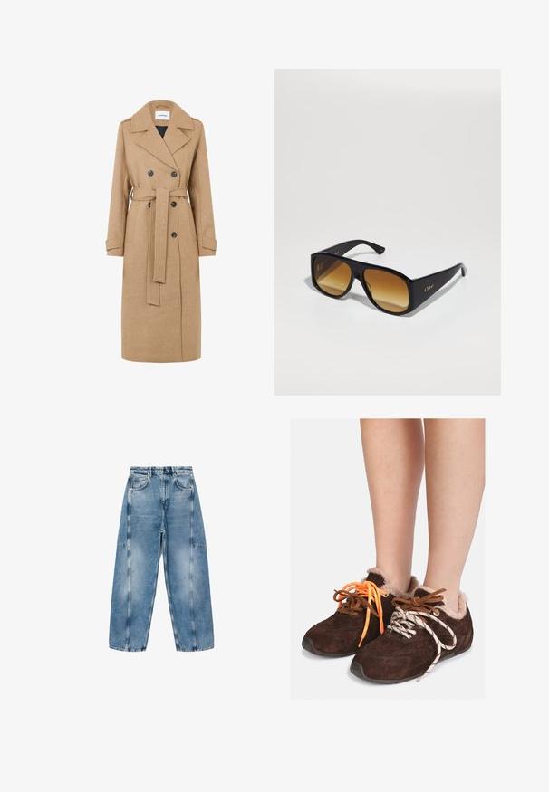 Cappotto in lana color cammello con design doppiopetto, ampie rever e cintura. Presenta due tasche anteriori e bottoni scuri.; Maglione grigio corto realizzato in materiale morbido e peluche. Presenta maniche lunghe e un collo tondo, con una texture liscia e leggera.; T-shirt bianco a maniche corte realizzato in morbido cotone, con scollatura rotonda e un fit rilassato con dettagli orlo arrotolato. Senza fantasie né accenti.; I jeans in denim azzurro chiaro presentano una vestibilità rilassata, ampie tasche e cuciture a contrasto. Il tessuto ha una finitura scolorita con una texture liscia.; Scarpe slip-on in suede marrone con fodera in pelliccia, indossate a piedi nudi, con lacci di colori assortiti: uno arancione e uno bianco con strisce nere.; Occhiali da sole neri a forma rettangolare con lenti sfumate marroni. Realizzati in plastica, presentano una superficie liscia e un sottile logo dorato sulla tempia.