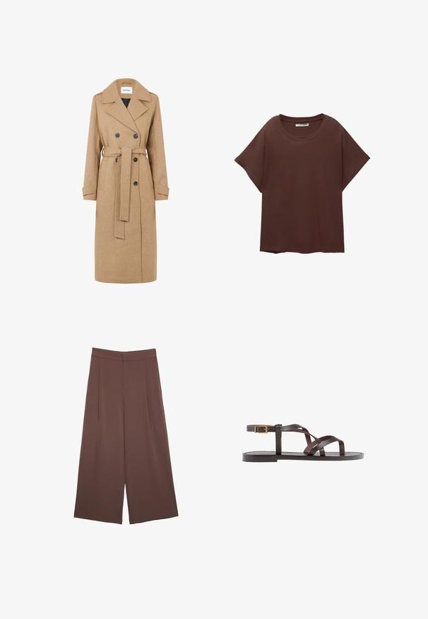 Kamelfarvet uldfrakke med dobbeltbrystet design, store klaplommer og bælte. Har to forlommer og mørke knapper.; Brun oversized t-shirt lavet af bomuld, med rund hals, korte ærmer og en afslappet pasform. Glat tekstur uden synlige mønstre.; Brune bredbunde bukser med en glat tekstur, der har høj talje og plisseringer foran. Stoffet er let og falder løst.; Brune lædersandal med krydsende stropper, ankelspænde og en flad sål med minimale syninger.