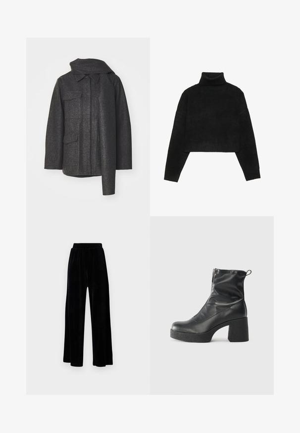 Tumehall villane mantel kõrge kraega, kahe esipocketiga ja selge, struktureeritud siluett. Omab tekstureeritud kangast ja minimalismi disaini.; Mustad must cropitud sviiter ribatud kõrge kaelusega ja varrukatega, omades sujuvat tekstuuri ja vabalt langemist. Lihtne, minimalistik disain.; Mustad laiad püksid, mis on valmistatud pehmest sametist, elastse vöökoha ja siledaga, ilma nähtavate detailide või mustriteta.; Mustad mustad ansapüksid, mis on valmistatud siledast nahast, külje zipperiga, paksu tekstuuriga kontsaga ja ümmarguse nina disainiga.