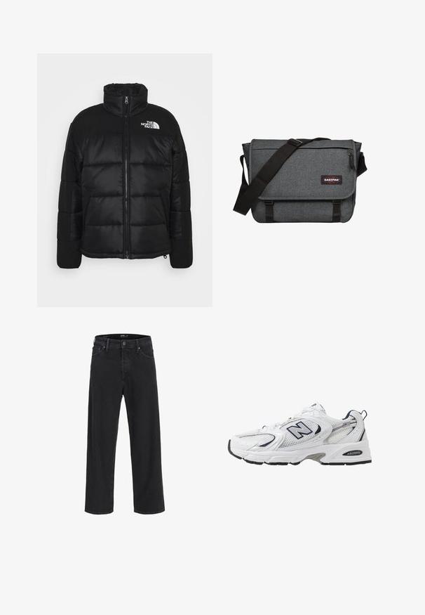 Giacca a vento nera con colletto alto, chiusura con zip a tutta lunghezza, design trapuntato e logo del brand sul lato sinistro superiore.; Maglione azzurro chiaro caratterizzato da un knit testurizzato con un motivo a nuvole in bianco. Collo rotondo e polsini e orlo a coste.; Jeans in denim nero a gamba dritta con chiusura a bottone e zip, passanti per cintura e tasche anteriori e posteriori.; Scarpa sportiva bianca con tomaia in mesh, dettagli in blu marino e suola imbottita. Presenta il logo "N", lacci e dettaglio texturizzato sul lato.; Borsa a tracolla grigia con tessuto testurizzato, tracolla nera e chiusura con fibbia. Presenta un'etichetta con logo e una tasca con zip frontale.