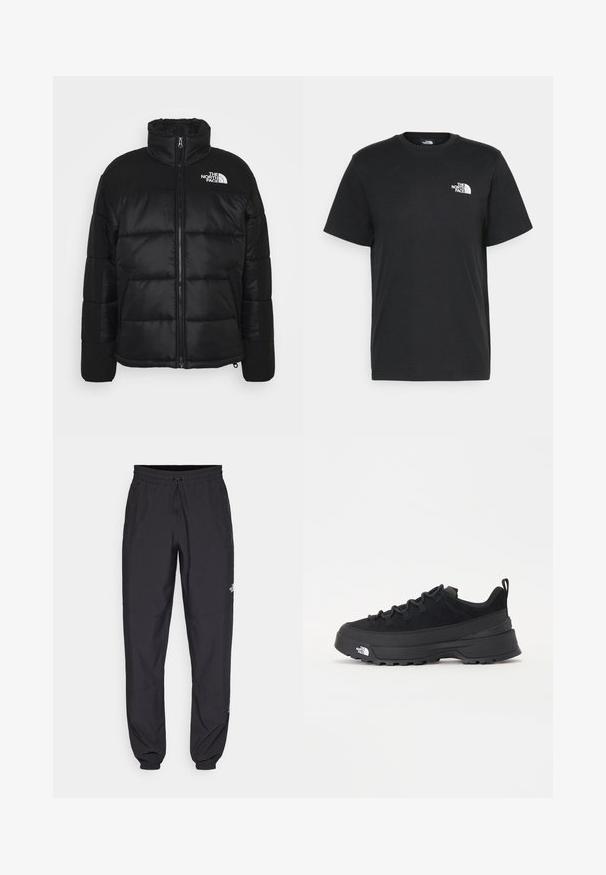 Čierna prešívaná bunda s vysokým golierom, plným zipsom, prešívaným dizajnom a logom značky na hornej ľavej strane.; Čierne bavlnené tričko s krátkymi rukávmi, klasickým výstrihom a malým bielym logom na ľavej hrudi. Jednoduchý dizajn, hladká textúra a voľný strih.; Čierne športové nohavice vyrobené z ľahkej tkaniny, s elastickým pásom na šnurovanie, bočnými vreckami a zúženými manžetami na členkoch.; Čierne vonkajšie tenisky so zvrškom z semišu, štruktúrovanou gumovou podrážkou a pevným šnurovaním. Obsahujú vystužený opätok a logo značky na boku.