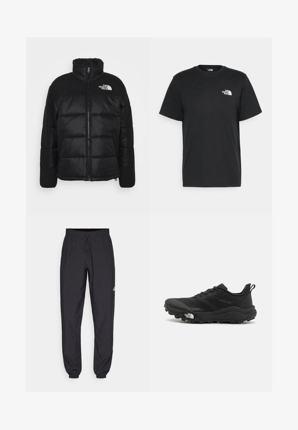 Black puffer jacket featuring a high collar, full zip closure, quilted design, and the brand logo on the upper left side.; Black cotton t-shirt with short sleeves, crew neck, and a small white logo on the left chest. Simple design, smooth texture, and relaxed fit.; Black athletic pants made from lightweight fabric, featuring a drawstring waistband, side pockets, and tapered cuffs at the ankles.; Black trail running shoe with a textured upper, rubber sole, and reinforced toe cap. Features a padded collar and pull tab for easy wear.