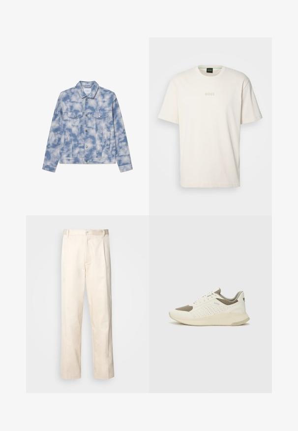 Jaqueta de denim em azul claro com padrões de nuvens, apresentando um colarinho pontudo, dois bolsos no peito e fechos e detalhes em tom prata.; BOSS TEE - T-shirt básica - open white; Calças de algodão bege com corte reto, apresentando um fecho de botão e pregas na frente para um detalhe adicional.; Sapatilha atlética branca e bege claro, com parte superior em malha, detalhes perfurados e uma entressola texturizada com marcação no calcanhar.