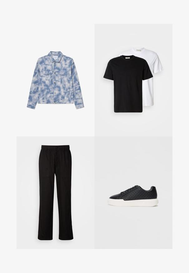 Vaaleansininen farkkutakki, jossa on pilvimäisiä kuvioita. Takissa on terävä kauluspanta, kaksi rintataskua ja hopeanvärisiä metalliosia kiinnityksessä ja yksityiskohdissa.; Kaksi yksinkertaista puuvillapaitaa, musta paita valkoisen edessä, molemmissa on lyhyet hihat ja pyöreä pääntie.; Mustat housut rentoa istuvuutta, valmistettu kevyestä kankaasta. Varustettu elastisella vyötärönauhalla, nappikiinnityksellä ja kahdella etutaskulla.; Musta lenkkari, jossa on geometrista tekstuuria sivuilla, sileä kärki ja valkoinen kumipohja. Varustettu pyöreillä nauhoilla ja matalalla suunnittelulla.