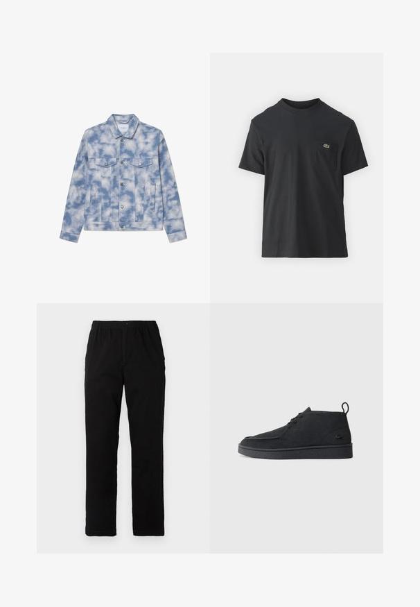 Šviesiai mėlynas džinsinis švarkas su debesų raštais, turintis aštrų apykaklę, dvi krūtines kišenes ir sidabrinius užtrauktukus bei akcentus.; Juodas medvilninis marškinėliai trumpomis rankovėmis, apvaliu iškirpimu ir maža žalia logo kairėje krūtinės kišenėje. Paprastas dizainas, reguliaraus pjaustymo.; Juodi kelnės, pagamintos iš medvilnės mišinio, su tiesiomis kirpimo linijomis, elastingu liemeniu su mygtuku ir be aiškių raštų ar akcentų.; Juodas zomšinės odo aulinukas su raišteliais, turintis traukimą ir tekstūruotą pado dalį, su mažuoju įspaustu krokodilo logotipu šone.