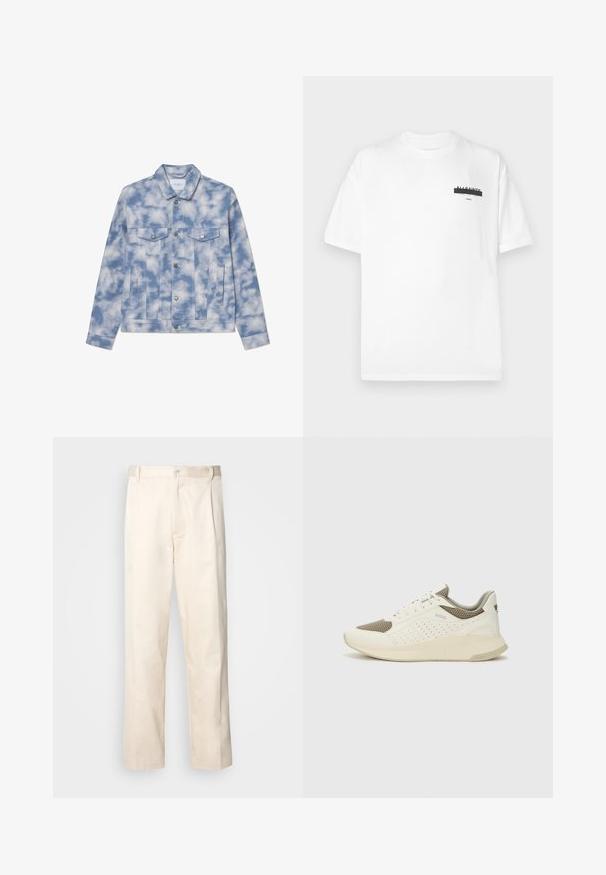 Hele sinine teksajakk pilvemustritega, millel on terav krae, kaks rinna taskut ja hõbedased aksessuaarid ning kinnitused.; Valge puuvillane T-särk ümmarguse kaeluse, lühikeste varrukate ja rinnal väikese musta graafikaga. Pehme tekstuur ja tavaline lõige.; Beesidised puuvillased püksid sirge jala lõikega, mis on varustatud nööpkinnituse ja ees olevate voltidega, et lisada detaili.; Valge ja heledat beeži värvi spordijalats, millel on õhuke võrkmaterjal, perforatsioonidega detailid ning tekstuuriga vahetald, millel on brändi logo kannaosas.