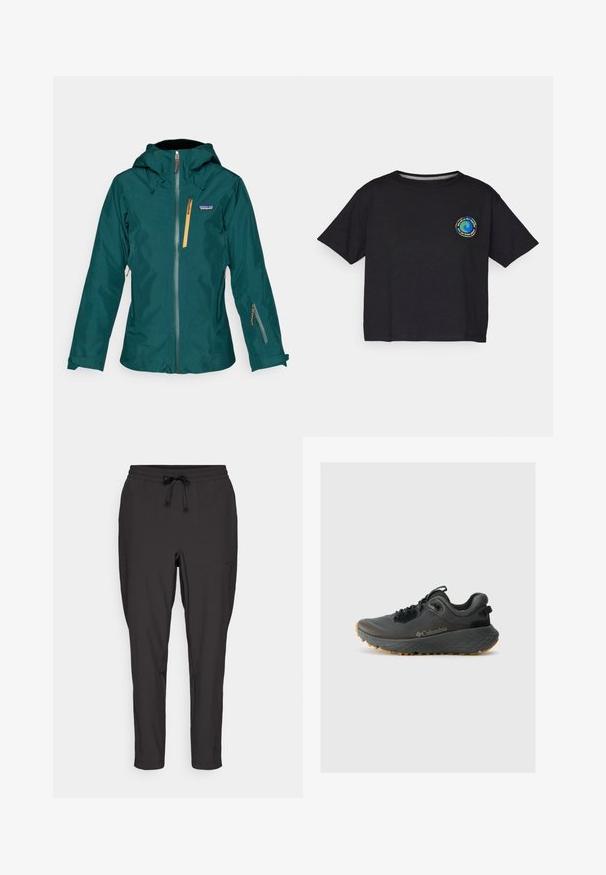 Teal wasserdichte Jacke mit Kapuze, Frontreißverschluss und Seitentaschen. Mit einem orangefarbenen Reißverschlussakzent und einem Logo auf der oberen linken Seite.; Schwarzes Baumwoll-T-Shirt mit kurzen Ärmeln, das auf der Brust ein rundes, mehrfarbiges Logo zeigt. Gerader Saum und lockere Passform.; Schwarze Jogginghose mit elastischem Bund, Kordelzug und Seitentaschen. Hergestellt aus einem glatten, leichten Stoff.; Columbia TERRASTRIDE CRZ - Hikingschuh - shark/black