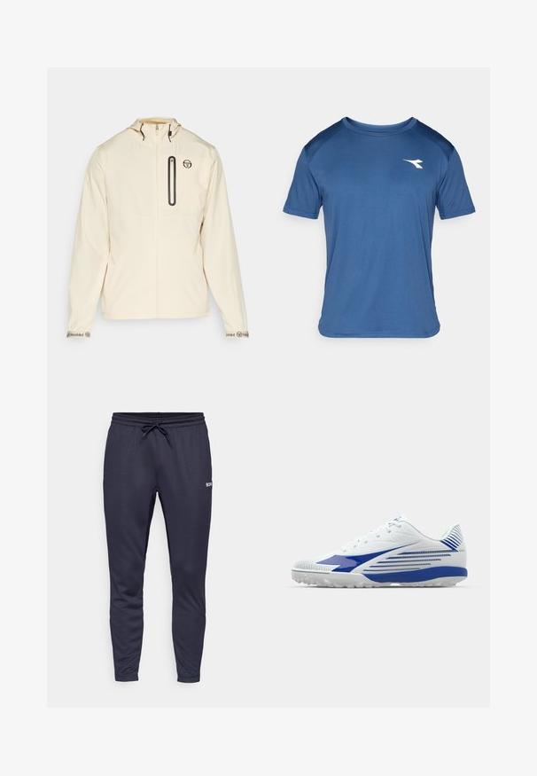 Sergio Tacchini PELLE TRACK - Viegla jaka - wood ash; Vīriešu zilais īsās piedurknes sporta T-krekls ar raglanu piedurknēm un mazu baltu logotipu kreisajā krūšu daļā.; Tumši zili sporta bikses, izgatavotas no gludas auduma, ar elastīgu jostasvietu un auklu, kā arī nelielu baltu logotipu vienā pusē.; Baltas sporta apavi ar ziliem akcentiem, teksturēta acu augšdaļa, izliekta forma un gumijas pēdas daļa ar saķeres rakstiem. Saliekama aizdare drošai piegulšanai.