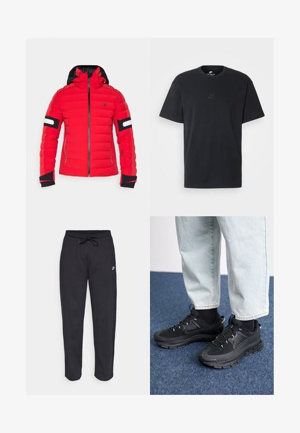 Chaqueta acolchada roja con capucha negra, que incluye un cierre de cremallera, puños acanalados y rayas de acento blancas en las mangas. Logotipo en el pecho.; Camiseta negra de algodón de Nike con un clásico cuello redondo, mangas cortas y un sutil logo en relieve en el pecho. Textura suave.; Pantalones de chándal negros hechos de una tela suave, con cintura elástica, cordón y un pequeño logo de Nike en el muslo izquierdo.; Zapatillas deportivas negras con tejido texturizado y suelas de goma, con cordones elásticos y un acento azul en el talón. Combinadas con pantalones de mezclilla claros.