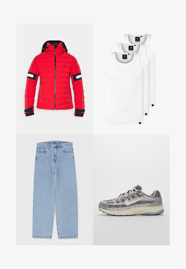 Punane polsterdatud jope musta kapuutsiga, millel on tõmblukk, soonikuga randmeotsad ja valged aktsenttriibud varrukatel. Rinna peal on logo.; Kolm valget ribaga t-särki, mis on valmistatud puuvillast. Omavad ümmargust kaelanõhku ja väikseid musti silte hemme lähedal. Saadaval erinevates suurustes.; Heled sinise denimi sirgete põlvede lõikega teksad, millel on keskmise kõrgusega vöökoht, viis taskut ning nööbid ja tõmblukk.; Hallus hallitus jalanõud, millel on võrgust ja sametist ülemine osa, valged rõhutused, pehme tald ning eristuv disain peegelduvate elementidega.