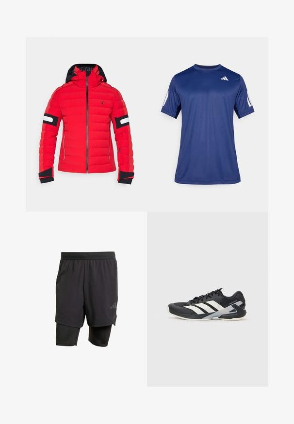 Punane polsterdatud jope musta kapuutsiga, millel on tõmblukk, soonikuga randmeotsad ja valged aktsenttriibud varrukatel. Rinna peal on logo.; Tume sinine lühikeste varrukatega spordisärk, mis on valmistatud siledast kangast, ümmarguse kaelaauguga ja valge logoga vasakul ülemisel rinnaosal.; Mustavad sportlikud lühikesed püksid integreeritud sisekihiga, valmistatud hingavast kangast. Omab diskreetset logo ja struktureeritud tekstuuri. Reguleeritav vöökoht.; Mustad sportlik jalanõud mustade värvidega, valgete triipudega, võrgusilma pealmine osa, ümar varvas ja pehme tallaga. Omab tekstureeritud kontsa ja kindlat paeltesüsteemi.