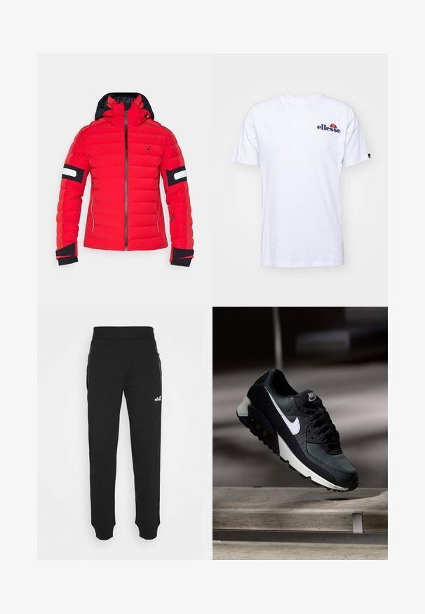 Giacca imbottita rossa con cappuccio nero, dotata di zip, polsini a coste e strisce bianche decorative sulle maniche. Logo sul petto.; T-shirt bianca in cotone con maniche corte, caratterizzata da un logo ricamato blu navy sul lato sinistro del petto e un accento di colore vivace sopra il logo.; Pantaloni della tuta neri realizzati in un tessuto morbido presentano un design con gamba affusolata, vita elastica, tasche laterali con cerniera e un piccolo logo decorativo.; Sneaker nera e verde con una tomaia in rete a motivo, logo swoosh bianco, collare imbottito e un'unità di ammortizzazione visibile nella suola.