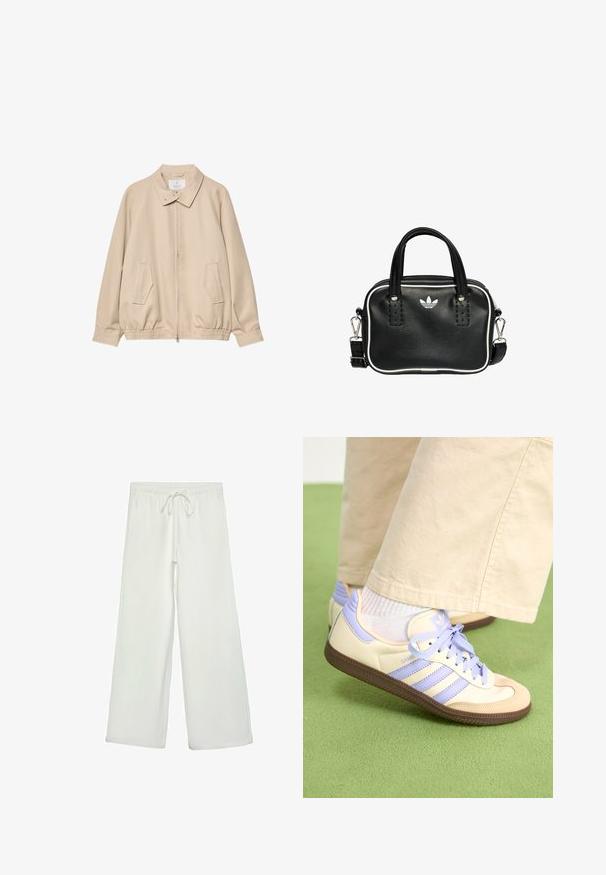 Beige leichte Jacke aus glattem Stoff mit Kragen, Frontreißverschluss und zwei seitlichen Taschen sowie elastischem Bund.; Weißes Langarm-T-Shirt aus geripptem Stoff mit Rundhalsausschnitt und geradem Saum. Schlichtes, einfarbiges Design.; Weiße, weit geschnittene Hose aus weichem Stoff. Mit einem elastischen Bund und einem Kordelzug sowie einer glatten Oberfläche. Keine sichtbaren Muster oder Hardware.; Cremefarbene und lavendelfarbene Sneakers mit drei Streifen und einer strukturierten braunen Sohle, ausgestattet mit Schnürsenkeln und einer gepolsterten Ferse. Obermaterial aus weichem Stoff.; Schwarze Lederhandtasche mit zwei kurzen Griffen, silbernem Zubehör, weißen Akzenten und einem weißen Logo. Verfügt über eine strukturierte Oberfläche und ein kompaktes Design.