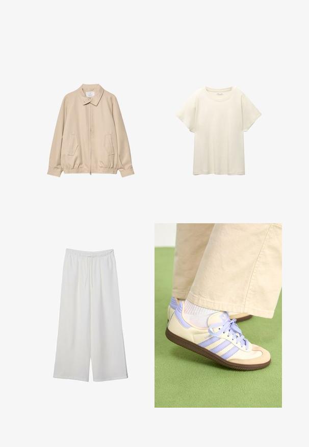 Giacca leggera beige realizzata in tessuto morbido, con colletto, zip frontale e due tasche laterali con vita elastica.; Maglietta a maniche corte beige chiaro con scollatura rotonda, realizzata in un tessuto morbido e liscio. Presenta una vestibilità comoda e un orlo dritto.; Pantaloni bianchi a gamba larga realizzati in tessuto leggero, dotati di una vita elastica e di un cordino per una vestibilità regolabile. Texture liscia.; Sneakers crema e lavanda con tre strisce e suola marrone texturizzata, dotati di lacci e tallone imbottito. Parte superiore in tessuto morbido.